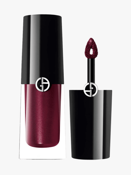 Armani Beauty Longwear Eyeshadow in deep burgundy shade in clear and black component on light gray background