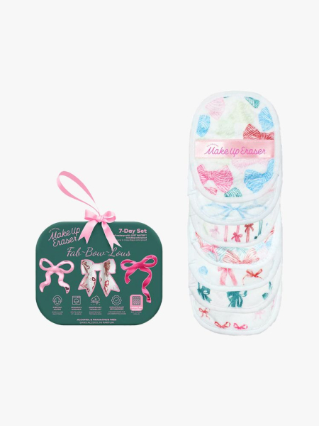 MakeUp Eraser Fab-BOW-Lous 7-Day Reusable MakeUp Eraser Set in branded components on a light gray background