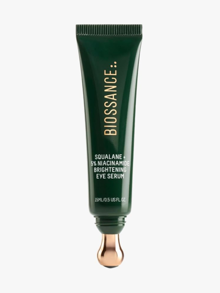 Biossance 5% Niacinamide Brightening Eye Serum in branded tube component on a light gray background